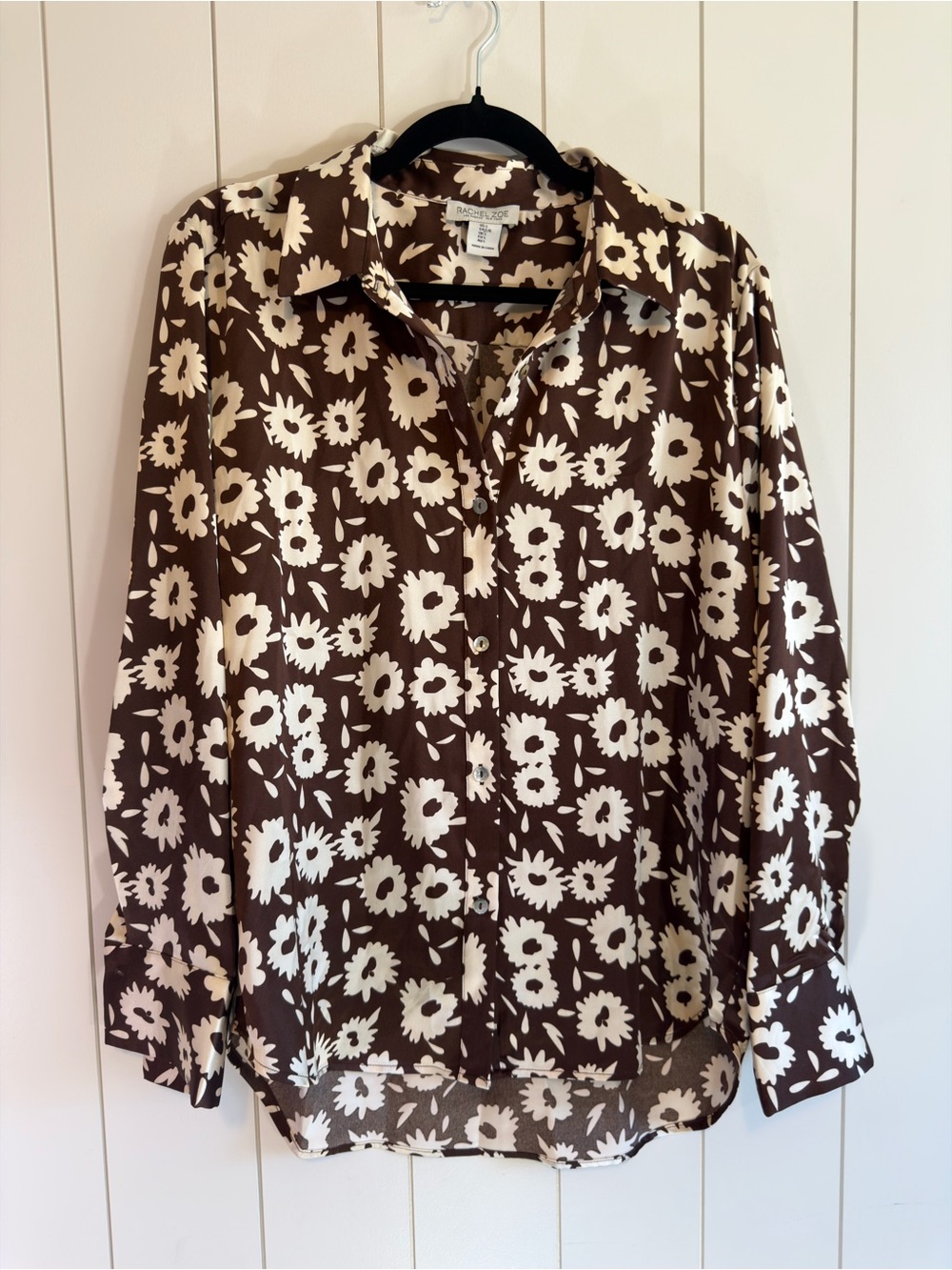 Rachel Zoe Brown and Cream Floral Button-Down Blouse - Size L